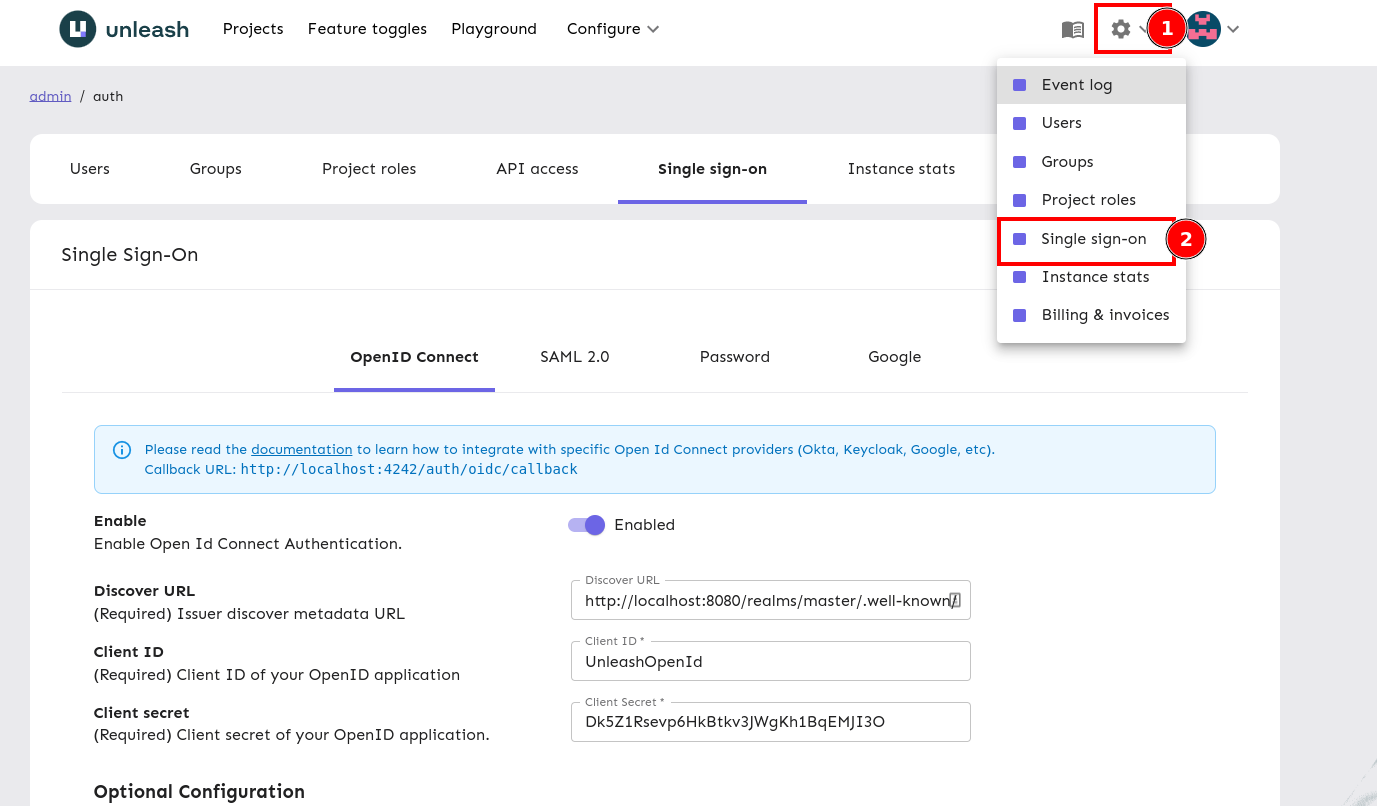 The Unleash Admin UI with the steps highlighted to navigate to the Single sign-on configuration.