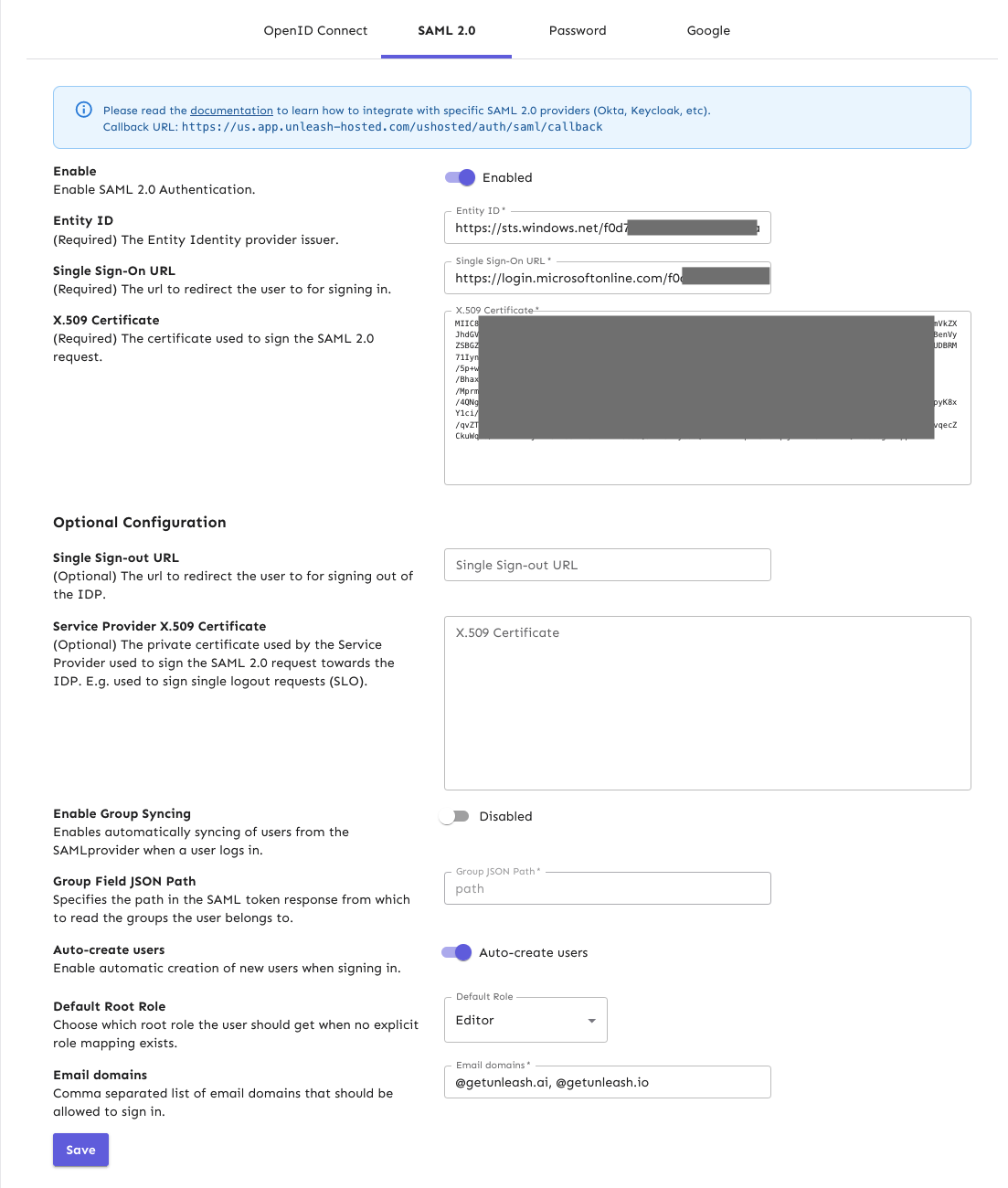 Unleash: SAML 2.0 filled out with entity ID, single sign-on URL, and X.509 certificate and auto-creating users for users with the &#39;@getunleash.ai&#39; and &#39;@getunleash.io&#39; emaiil domains.